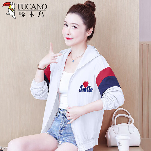 
Woodpecker 2025 summer new fashion hooded short sun protection clothes for women splicing contrasting colors and versatile thin coat for women casual pink thin S recommended 80-90Jin [Jin equals 0.5 kg]