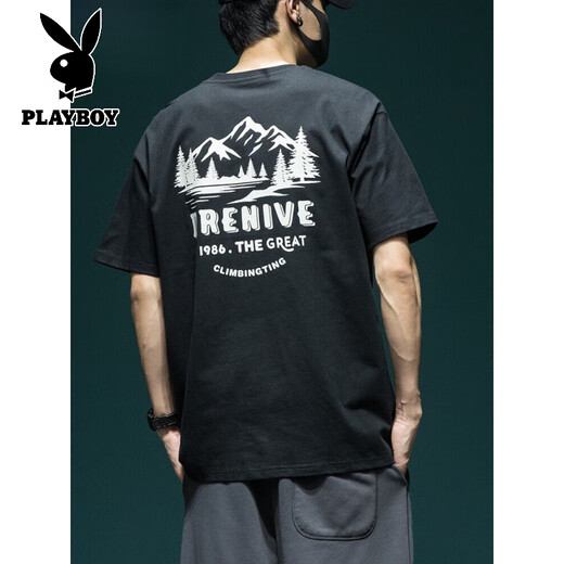 花花公子（PLAYBOY）重磅260g三本针短袖T恤男宽松大码美式高街印花夏季上衣 T1506墨绿色 M 体重100-125斤