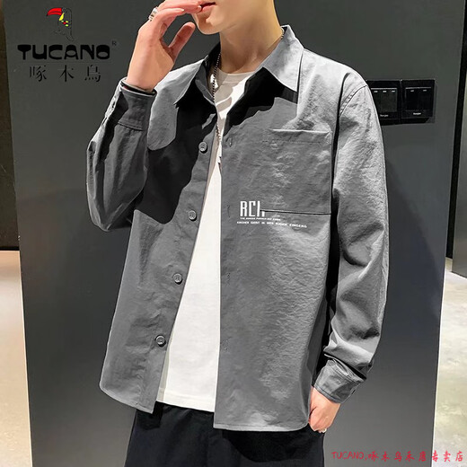 啄木鸟（TUCANO）衬衫男长袖潮牌潮流宽松休闲工装衬衣男夏薄款痞帅百搭外套中青年 679深灰 M