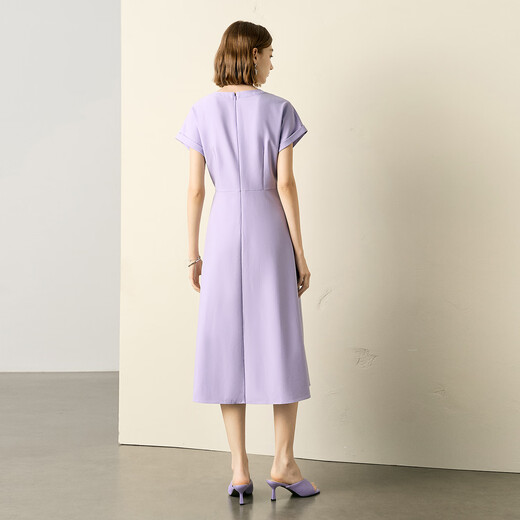 Farbdomain Kurzarm Ständer Kragenkleid für Frauen 2025 Sommer High-End-Satin-Schnür-up Taille-close-Mid-Long-Kleid lila m