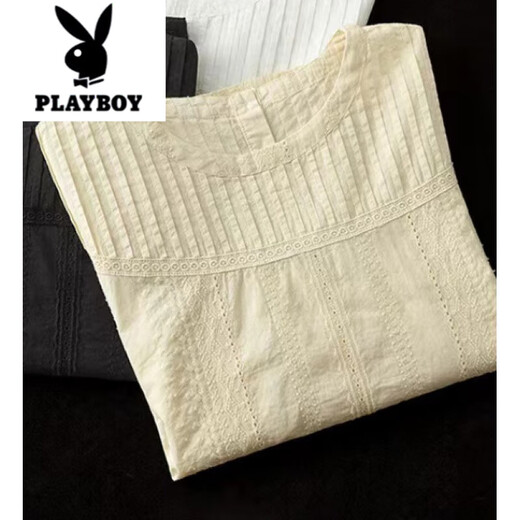 Playboy (PLAYBOY) 2025 Spring and Autumn New Style Literary Accordion Pleated Sweet Lady Hollow Long Sleeve Shirt Pullover Shirt Women's Top Trendy White All Size