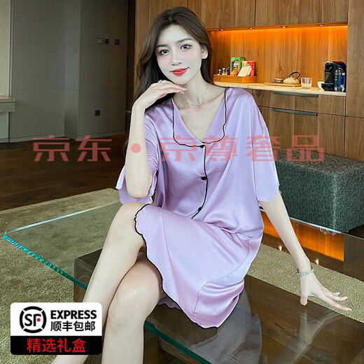 
FENTENGG light luxury brand silk nightgown pajamas for women summer and autumn thin high-end mulberry silk short-sleeved sexy shirt cool home furnishing CWS-9901 M [75-100Jin [Jin equals 0.5 kg]]