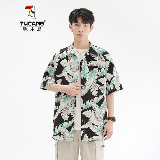 Woodpecker (TUCANO) 2025 summer loose and comfortable ice silk cool short-sleeved shirt men's Hawaiian seaside beach floral shirt jacket 6629 Madagascar Black XL