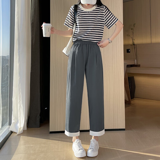 Pantalones harén de seda de hielo de color morado claro para mujer, novedad de verano 2025, pantalones finos de seda de hielo, pantalones rectos informales ajustados de talla grande, caqui, ocho puntos, talla XL recomendada 120-130 Jin Jin es igual a 0,5 kg