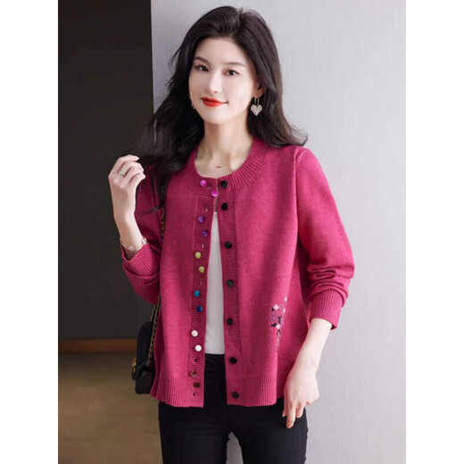 
Hengyuanxiang knitted cardigan for women with short round neck loose and fashionable mother dress. Sweater for women in 2025 new autumn and winter blue XL recommended 120-130Jin [Jin equals 0.5 kg]