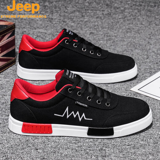 Jeep (Jeep) Chaussures masculines Spring Nouvelles chaussures en toile respirante Version coréenne pour hommes de chaussures plates polyvalentes Chaussures décontractées de l'usure des hommes 6636 Black and White / Flagship Official Store 39