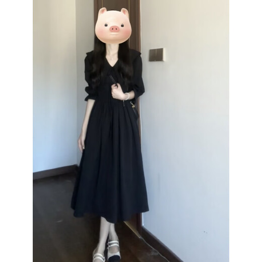 
Cotton French Hepburn style dress for women in 2025 summer new high-end unique waist-hugging slimming tea break long skirt Black L 110-120Jin [Jin equals 0.5 kg]