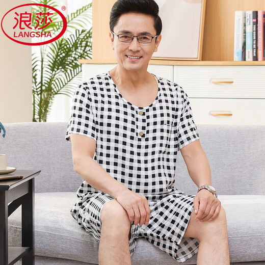 浪莎（LangSha）中老年人爸爸睡衣男士夏季棉绸短袖短裤薄款莫代尔冰丝家居服套装 2694 2XL