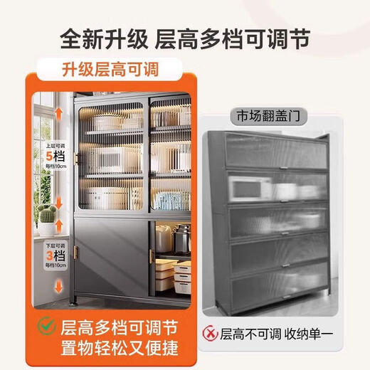
Yuzhishu Kitchen Layered Storage Shelf Multi-function Floor-standing Cabinet Sliding Door Multi-layer Side Cabinet Household Pot and Bowl Storage Storage Cabinet Sliding Cabinet Door 5-layer Gray 12044丨Extra thick and bold push-pull saving floor height adjustable