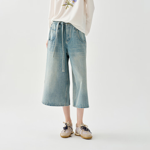 Tea Su [Danning Wardrobe] Puretea Tea Su Adjustable Waist Rope Slack Wide Legs Crop Jeans 25 Summer New Gray Blue M