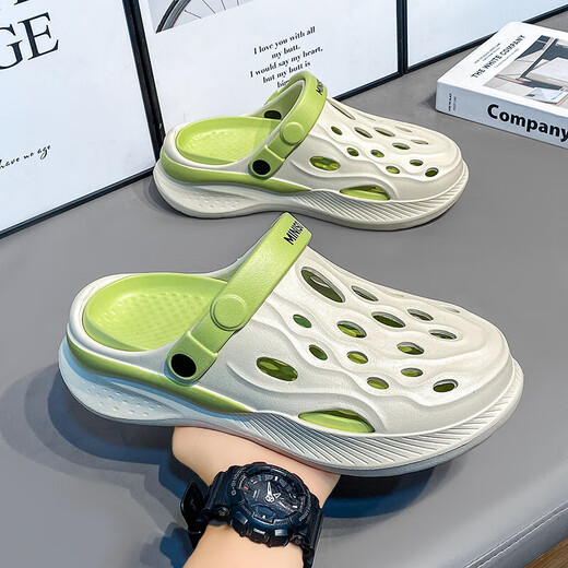 Herren Sommer im Freien Anti-Rutsch-Anti-Odor-Bag-Toe-halbe Hausschuhe spüren Sport und Freizeit fahren Strand 2368 Weiß und Grün 40-41