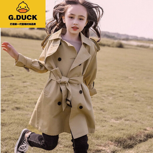 G.Duckkids Girls 'Wursbreaker Long 2024 Новая детская куртка Spring Wear Средний детский стиль среднего размера в британском стиле весна и осенняя детская детская одежда Хаки осень и зимний стиль, а также хлопок, утолщен 160 см.
