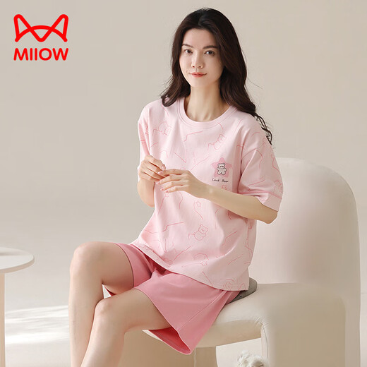 Catman (Miiow) Summer Pure Cotton Pajama для женщин 2025 Новая женская домашняя одежда с короткими рукавами можно носить на внешнем тонком стиле A9856 Milk Tea Bear XL 120-140JIN [JIN равно 0,5 кг]]]]