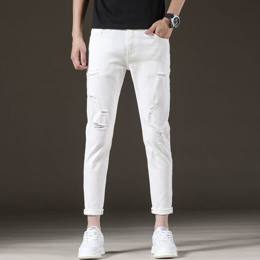 TTPMER Pantalons à neuf points Rippés Men de jean blanc court hommes Mens élastiques à la mode élastiques 9 points 2025 Black and Grey 1048 Pantalon neuf points QN [Élasticité élevée 27 taille = taille 2 pieds
