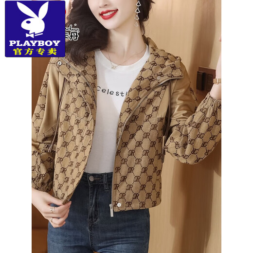 花花公子（PLAYBOY）休闲连帽印花短外套女春秋2025年新款时尚洋气百搭宽松夹克上衣潮 L