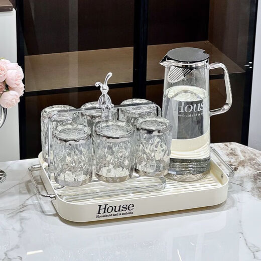 GUIG light luxury cold kettle household water utensil set living room high borosilicate glass cold kettle cup high temperature resistance large capacity light luxury silver-plated water ripple cup - four pieces