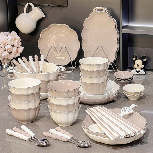 
Sensual bowl and dish set household ceramic plate underglaze colored tableware bowl and plate light luxury rice bowl and bowl utensil gold-painted 4-6 people food gift box 1355