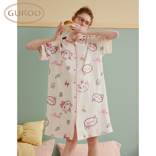 果壳（Gukoo）睡衣女夏季迪士尼玛丽猫可爱满印短袖女士家居服睡裙 香草粉  M 