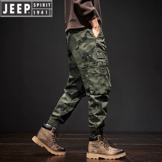 JEEP SPIRIT迷彩美式工装裤男士2025春夏季款宽松哈伦束脚裤男士休闲裤 黑色迷彩 L