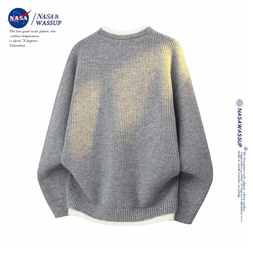 Nasawassup official fashion brand co-branded sweater men's autumn and winter Hong Kong style round neck fake two-piece sweater lazy style men's pullover worsted gray XL (recommended 140-160 Jin Jin equals 0.5 kg)