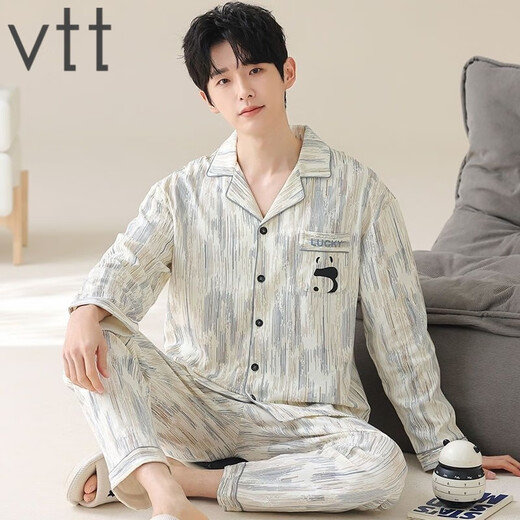 VTT男士睡衣男款春秋款2025新款纯棉长袖秋冬款秋季家居服套装 V长袖套装：OMM12026 坑条 L