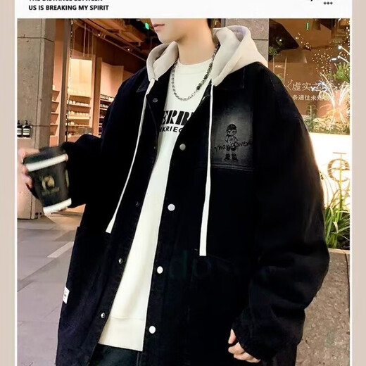 Handsome denim jacket men's spring and autumn trendy brand ins hooded loose versatile coat trendy Korean style fake two-piece top black L