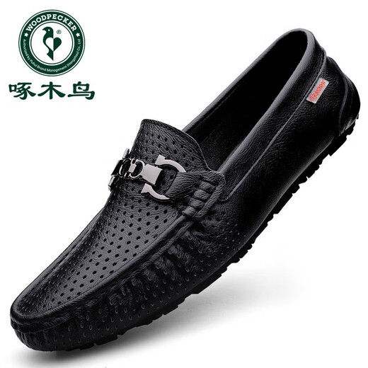 Woodpecker men's beanie shoes summer breathable leather shoes men's genuine leather soft leather one-legged driving shoes soft sole hollow style black summer hole 9901 38