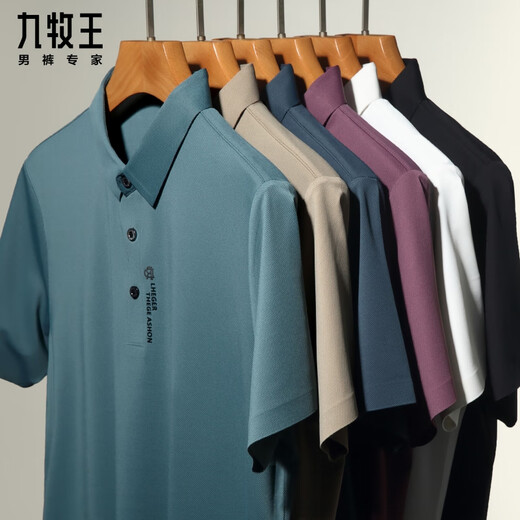 Jiumuwang Summer Camiseta de manga corta para hombres Polo de seda de seda sin trago de seda con solapa para hombres de media manga de mediana edad 3527# azul claro S 165/84A Peso 95-105Jin [Jin equivale a 0.5 kg]