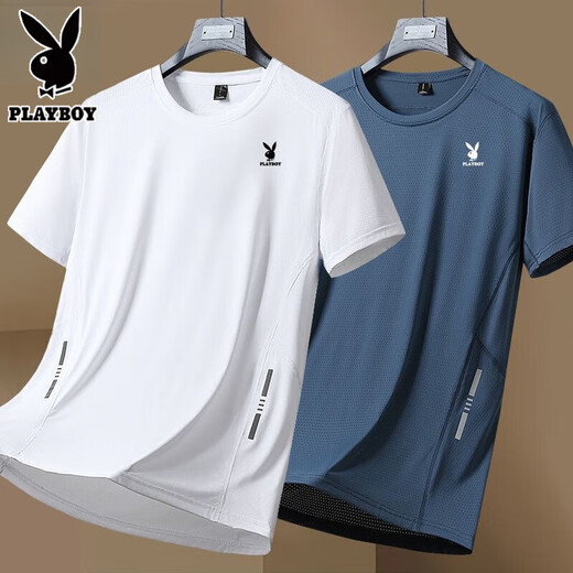 花花公子（PLAYBOY）夏季冰丝速干透气专柜青年运动百搭短袖T恤/2件 舒适亲肤  深灰+黑色冰丝短袖两 XL 建议【115-125斤】