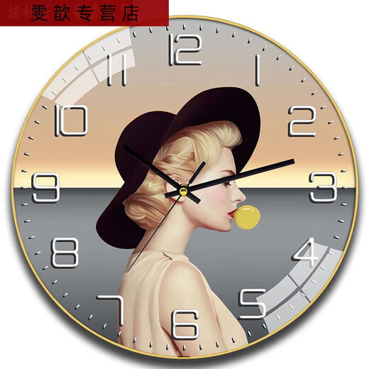 三栖虎钟表挂钟家用网红客厅表新款挂墙时钟时尚高颜值免打孔石英钟 6624调皮少女 14英寸(35厘米)曲面玻璃
