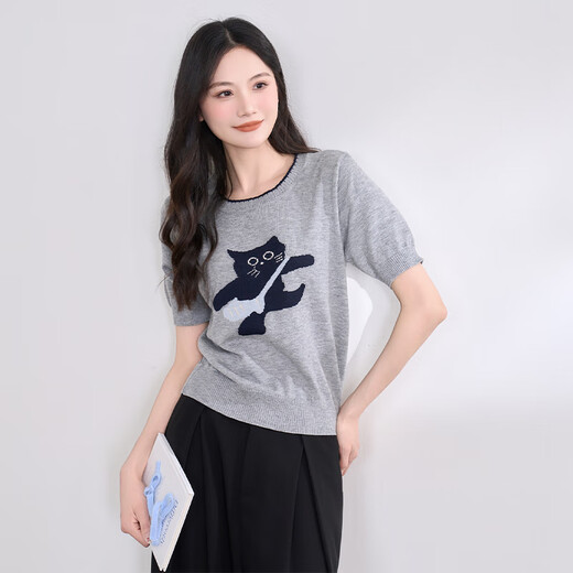 Xiyu Sweater delgado de manga corta para mujeres 2025 Summeres nuevos gatitos bordados Séteres cortos grises S (155)