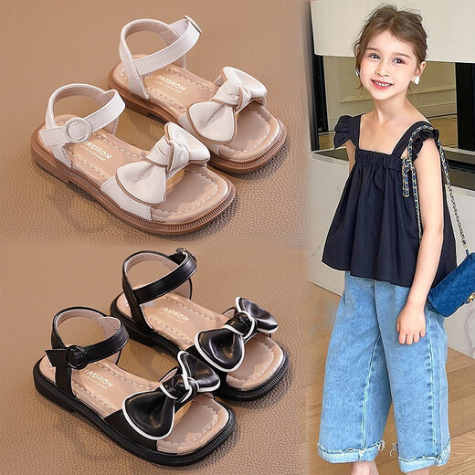 Girls Sandals Children's Princess Sandals 2025 New Summer Model Summer Middle-aged Children Baby Little Girls Beach Soft Sole xd-728 Black 33 / Inner Length 20.7cm