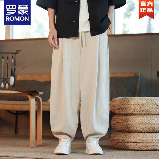罗蒙（ROMON）亚麻休闲长裤男裤子中国风潮牌棉麻灯笼裤胖子宽松束脚裤阔腿垮裤 黑色 5XL