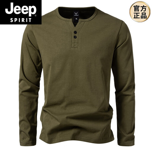 JEEP SPIRIT 300g heavy cotton large size slim henley collar long-sleeved T-shirt men's spring and autumn solid color sports fitness T-shirt military green L