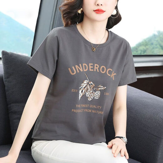 RTWK妈妈装50-60岁洋气遮肚子t恤女胖人上衣黑色短袖2025夏装新款中年 6636#焦糖色UN XL 建议110-125斤