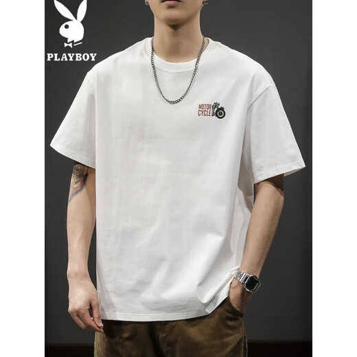 Playboy; PLAYBOY2025 white new short-sleeved T-shirt for men loose fashion brand summer pure cotton half-sleeved American ins heavy men's T-shirt HST1518 white 2XL weight 160-180Jin [Jin equals 0.5 kg]