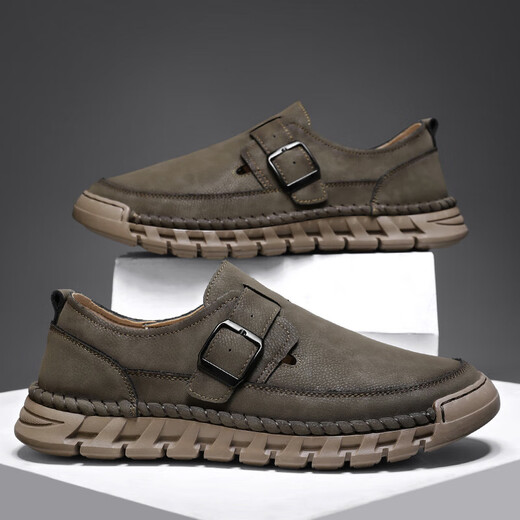 Doudou Men's Shoes 2025 Summer Nuevos zapatos de cuero de cuero de cuero genuino para hombres Huecos Huecos transpirables delgados zapatos de trabajo al aire libre Caki [Cuero de microfibra A679] 40
