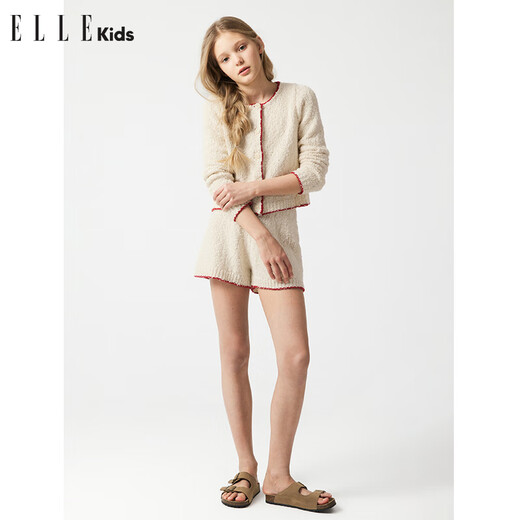 ELLE ACTIVEELLEkids children's clothing French contrasting color knitted suit girls spring new casual loose cardigan + shorts off-white cardigan_Ready stock 110_120cm