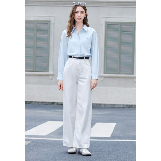Baitu betu women's clothing 2025 autumn new short jacket 100% cotton thin casual shirt jacket for women 2507T33 blue M