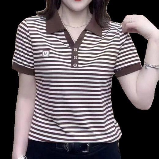 酷章（KUZHANG）妈妈女装夏季时尚翻领条纹短袖T恤polo衫女休闲新款宽松百搭上衣 9928咖色 M 85-100斤