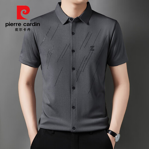 皮尔卡丹（pierre cardin）夏季无痕冰丝免烫短袖衬衫男士弹力新款休闲男士法式短袖衬衫 6622黑色 M 建议90-105斤
