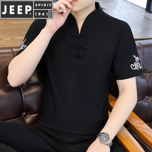 JEEP SPIRIT冰丝t恤男士短袖2025新款男装中国风V领半袖夏季薄款中式盘扣体恤 E9871黑色 (冰丝滑料) 5XL
