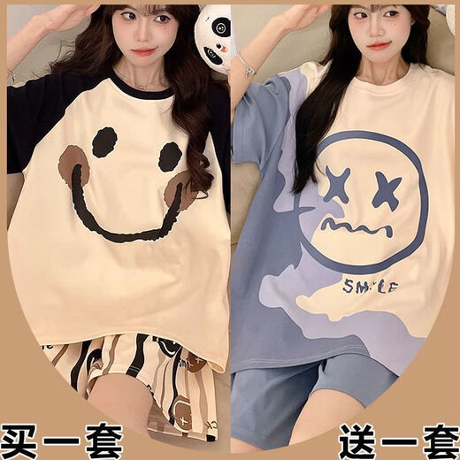 UKUHPK睡衣卡皮巴拉短袖女生圆领夏季薄款高颜值甜美居家服套装2025 693黑笑脸+694卡皮巴拉 M 【80-98斤】