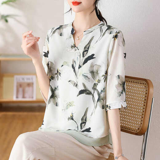 柚狮妈妈装款洋气雪纺短袖T恤2025新款中老年女时尚减龄上衣服 9901_杏色 XL _【建议90-110斤】