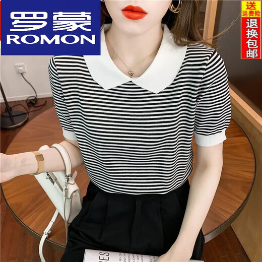 Collar de muñecas a rayas de Romon para mujeres de manga corta de 25 años, suéter de seda de seda de hielo, camiseta delgada pequeña de la edad DX691# amarillo s recomendado 80-100Jin [Jin iguala 0.5 kg]