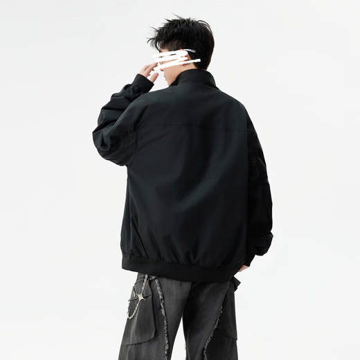 Homlean solid color jacket men's autumn versatile loose top stand collar fashion jacket casual versatile HK16 black L