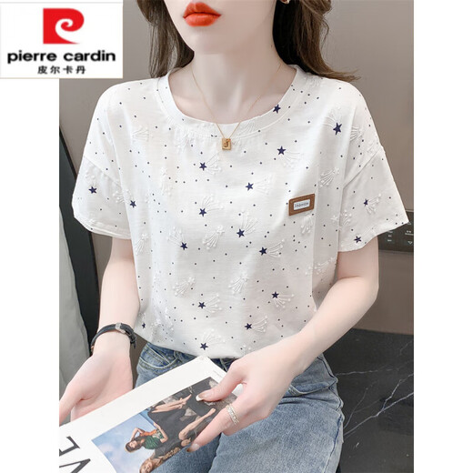 皮尔卡丹（pierre cardin）纯棉印花t恤女短袖夏装2025年新款宽松印花设计感百搭体恤上衣潮 广州十三行5009#紫色版 S 适合80-99斤