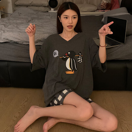 Modal Pyjamas für Frauen mit doppelseitigem tragbarem Sommer neuer V-Ausschnitt mit V-Ausschnitt mit V-Ausschnitt mit kurzer Hals mit kurzärztem Hals-Kleidungsstück 9902W# Größe Penguin 2xl