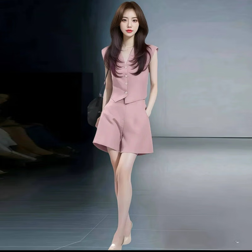 忻依美时尚气质西装套装女2025夏季新款洋气显瘦V领上衣阔腿裤两件套 粉色【短袖长裤】 M 【体重101-110斤】