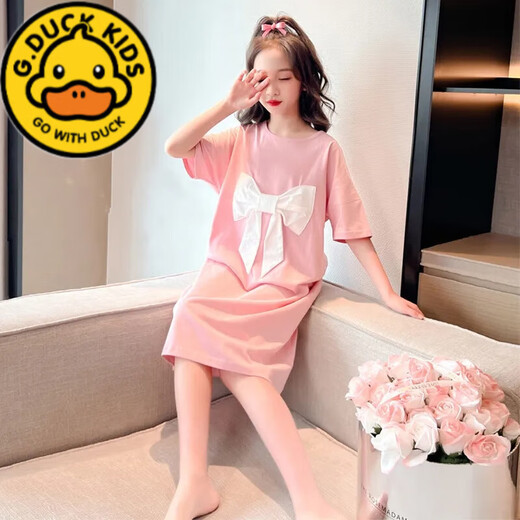 G.DUCKKIDS女童夏季冰丝睡裙公主风短袖薄款睡衣中大童女孩初中生宽松家居服 753 杏色短袖大蝴蝶结裙 160 cm 建议150-160cm10-12岁